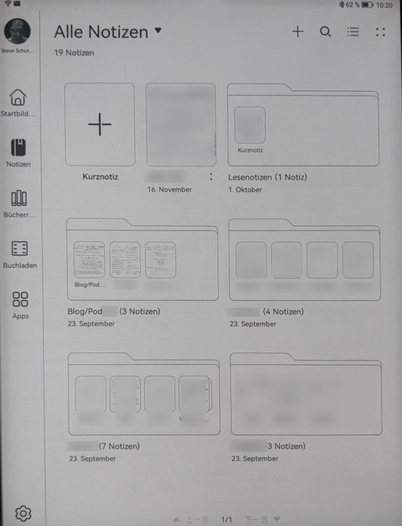 Neue, aufgeräumte und noch übersichtliche Notiz-Übersichtsseite des HUAWEI MatePad Paper / Bild-/Quelle: privat